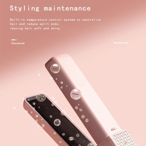 Hair straightener with text on a pink background